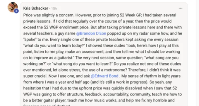 52 Week Guitar Player community member testimonial describing how the structured program transformed their guitar practice and accountability