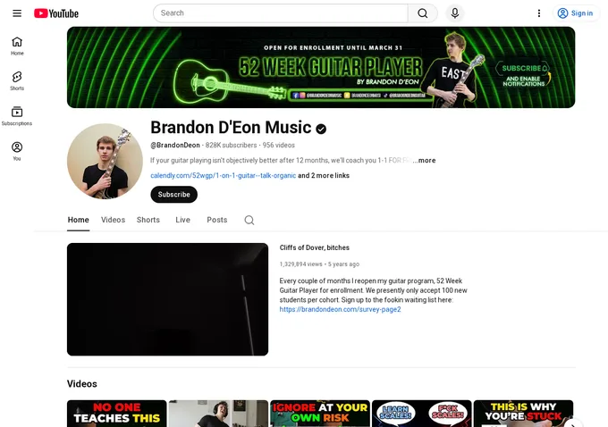 Brandon D'Eon YouTube channel page showing 237,000 subscribers and guitar tutorial content, the audience pipeline that feeds 52 Week Guitar Player enrollment