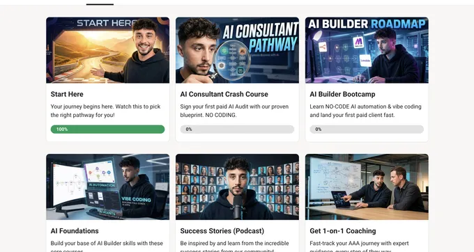 AI Automation Agency Hub Skool classroom showing six course modules including Start Here, AI Consultant Crash Course, and AI Builder Bootcamp