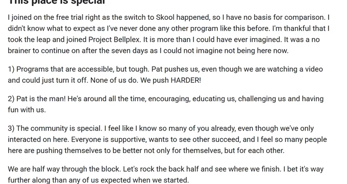 Project Bellplex member testimonial praising Pat Damiano's coaching style and the supportive community atmosphere
