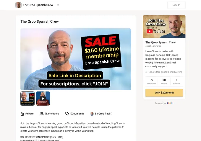 Qroo Spanish Crew Skool about page showing 7,000 plus members, pricing, and Paul Kurtzweil's community overview