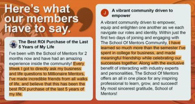 School of Mentors member testimonials highlighting ROI, career impact, and community value from multiple participants