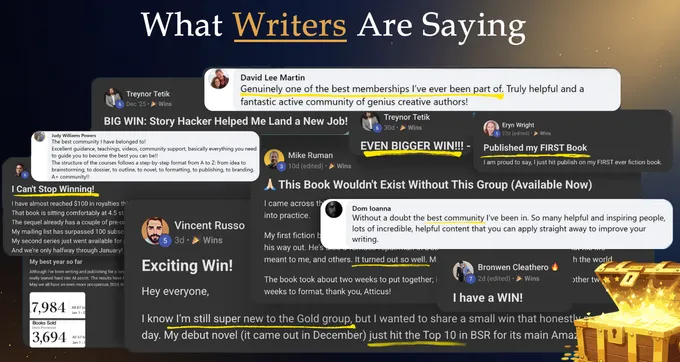 Story Hacker AI member wins wall showing published books, royalty milestones, and career breakthroughs from community writers