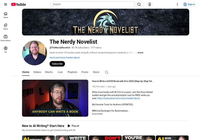 The Nerdy Novelist YouTube channel page showing 83,700 subscribers and AI writing tutorials, Jason Hamilton's content platform that demonstrates the teaching methodology behind Story Hacker AI