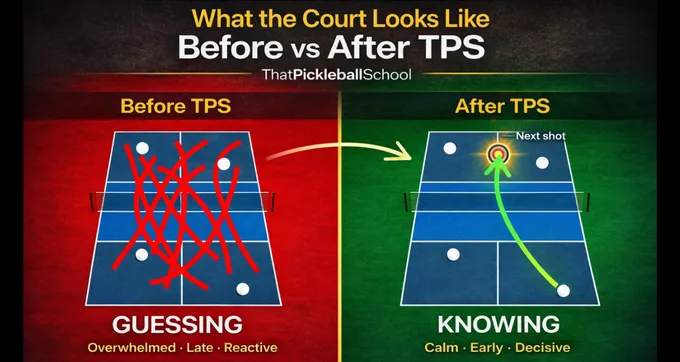 That Pickleball School before and after court visualization showing transformation from reactive guessing to decisive pattern recognition